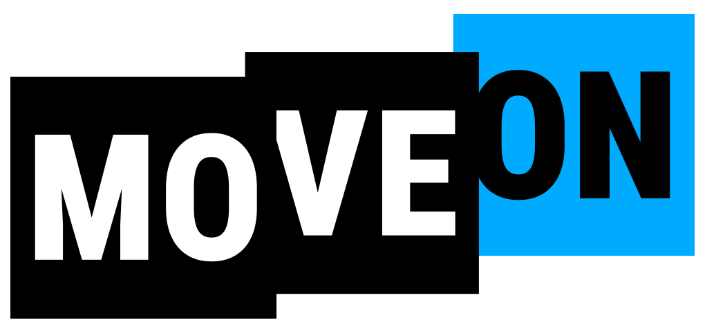 Move On Logo, with "move in white font on black and "on" in black font on blue background