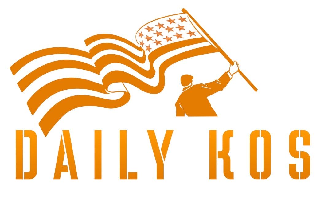 Daily Kos Logo with the image of a man holding a flag, orange colored font on white background