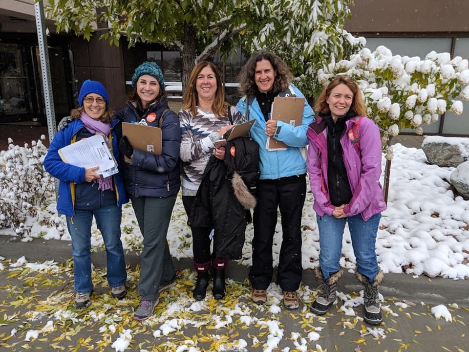 Group of five Sister District volunteers smiling for a picture while outside canvassing in snowy Colorado