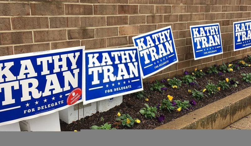 Row of yard signs for Virginia Delegate Kathy Tran