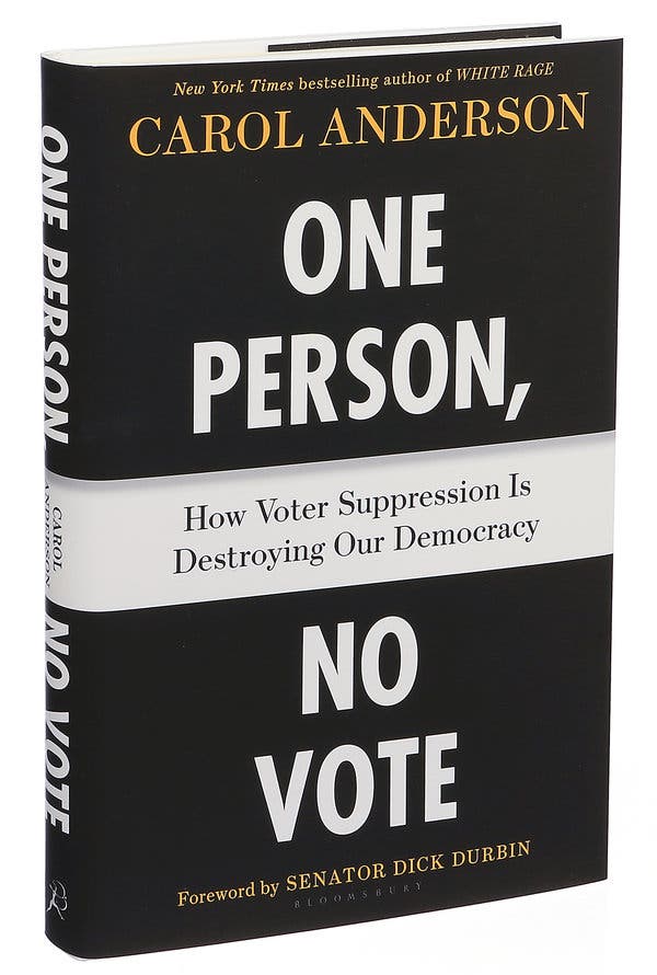 book cover of One Person, No Vote by Carol Anderson with white text over a solid black background