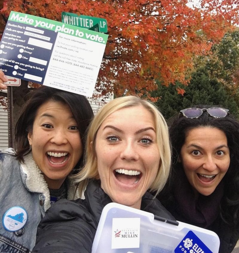 Sister District Co-Founders Gaby, Lyzz, and Lala canvass for Elizabeth Guzman in the historic 2017 Virginia elections.