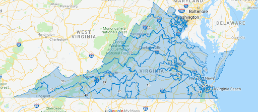 The Virginia Senate District Map outlining electoral boundaries