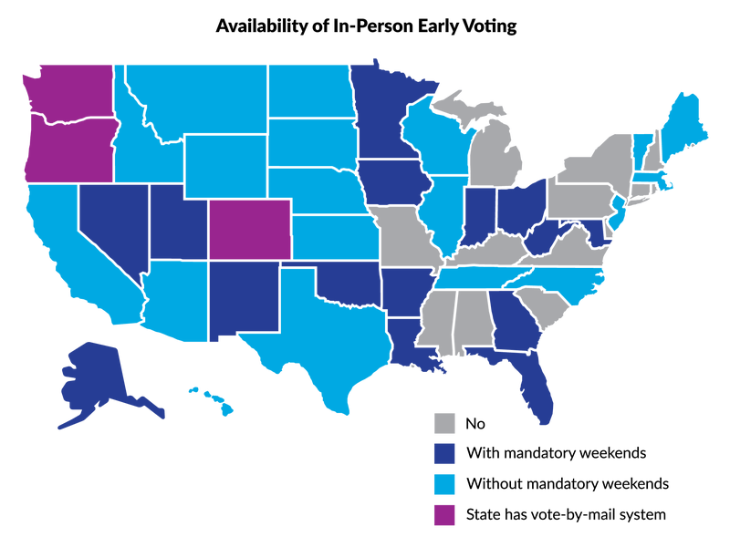 Map of America with 39 states shaded to indicate an early voting system and remaining states without early voting shaded grey