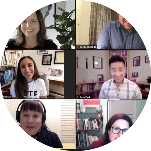 Gallery view of web conference call with 6 people from Sister District team and volunteers