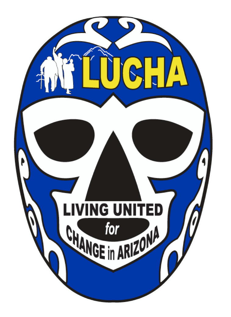LUCHA logo of a Luchador's or Mexican wrestler's mask in blue and while