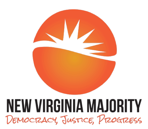 New Virginia Majority logo with an orange circle with a sunrise outline inside