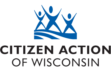 Citizen Action of Wisconsin logo with three human stick-figures in blue with arms raised in victory