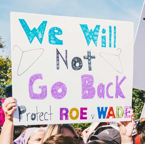 Protest sign that reads "we will not go back" and "protect roe" with hangers on the sign
