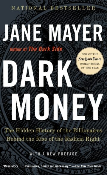 book cover of Dark Money by Jane Mayer with white text over dark background image of USA's seal