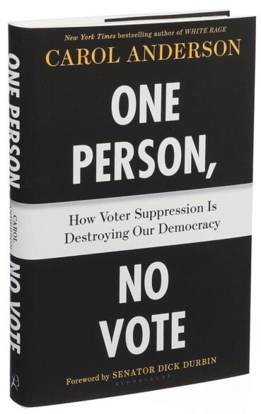 book cover of One Person, No Vote by Carol Anderson with white text over a solid black background